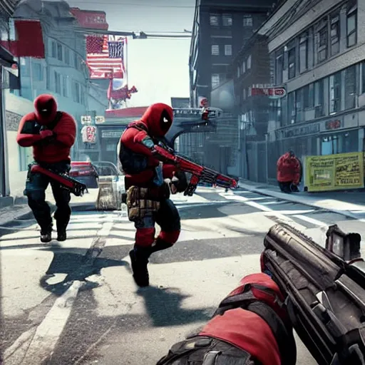 Image similar to Screenshot from the PC game Payday 2 demonstrating the Deadpool crossover