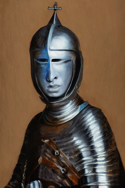 Image similar to hyperrealism oil painting, close - up portrait of albino medieval fashion model, knight, steel gradient mixed with nebula sky, in style of baroque