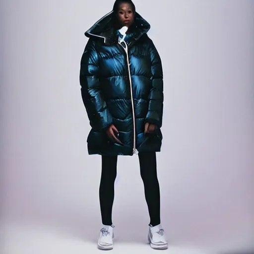 Image similar to realistic! photoshoot for a new balenciaga lookbook, color film photography, portrait of a beautiful woman wearing a puffer jacket, photo in style of tyler mitchell, 35mm