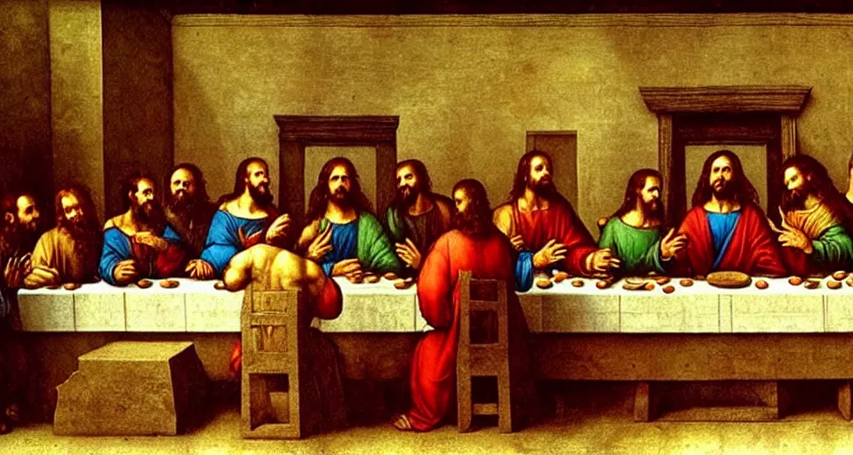 Image similar to The last supper, but Jesus is the DJ (disc jesus), he's playing sick tracks on his CDJ's in the 0th century club, painting by Leonardo da Vinci