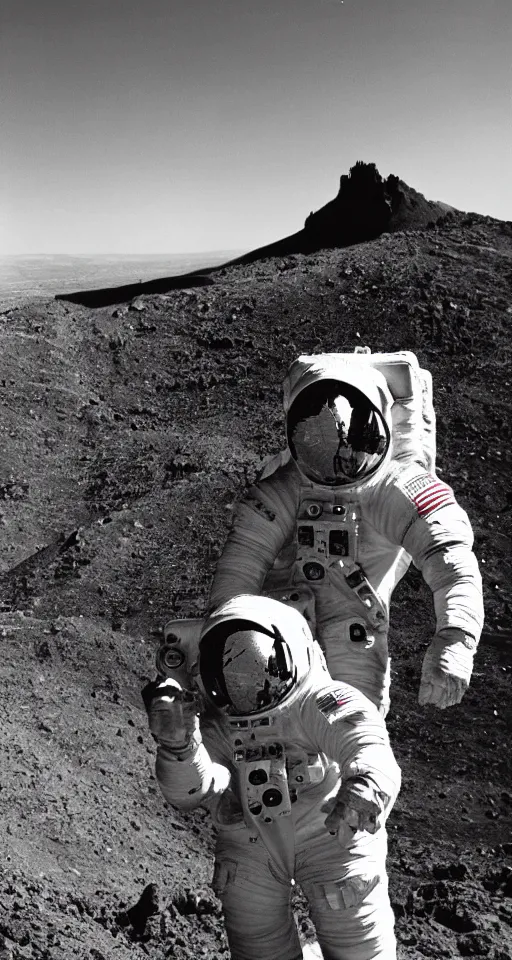 Image similar to astronaut taking a selfie with jesus christ at golgotha, mountain of skulls in background, realistic old photo, coal dust, lomo