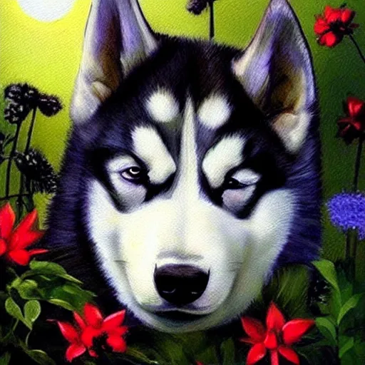 Image similar to beautiful painting of a cute husky sleeping in flowers. sci fi concept art by * caravaggio *