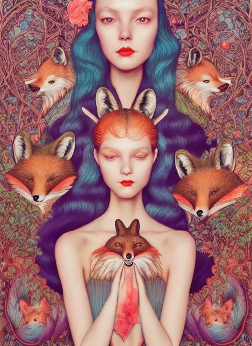 Prompt: pretty model with foxes : : by martine johanna and simon stalenhag and chie yoshii and casey weldon and wlop : : ornate, dynamic, particulate, rich colors, intricate, elegant, highly detailed, vogue, harper's bazaar art, fashion magazine, smooth, sharp focus, 8 k, octane render,