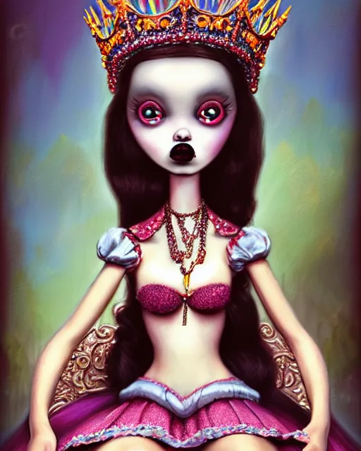 Image similar to closeup profile portrait of a tin toy goth fairytale princess wearing a crown and sitting on a throne, bikini, hyper realistic, artstation, illustration, concept art by nicoletta ceccoli, mark ryden, lostfish, dan decarlo, bob clampett, max fleischer, digital paint, matte paint, vivid colors, bright, cheerful, detailed and intricate environment