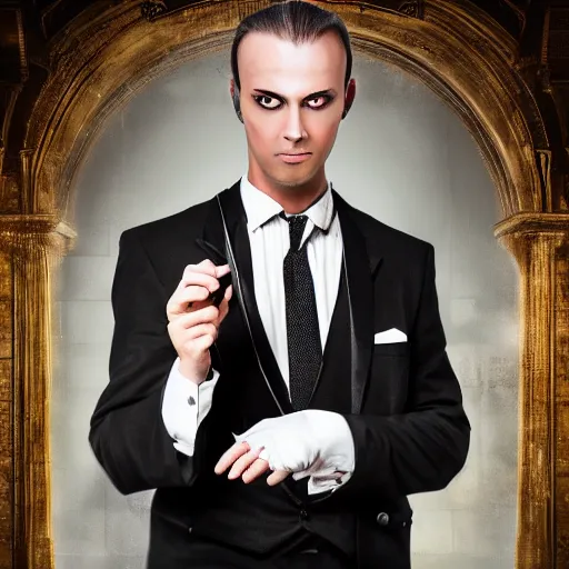 Image similar to urban fantasy butler that looks similar to michael kane, handsome, photorealistic, 4 k, oil painting filter, balding, well dressed, pet rat on shoulder