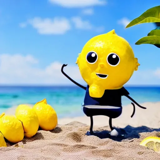 Prompt: happy lemon animated character enjoying relaxing sunny beach