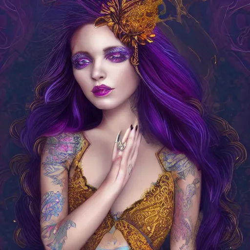 Image similar to beautiful young woman, with purple and gold fire hair, wearing a lace dress with jewels, full colors background, full of detail, majestic, organic, dark fantasy, rotten, sinister, macabre, crazy detailed and complex, super detailed, 8K, 4k,