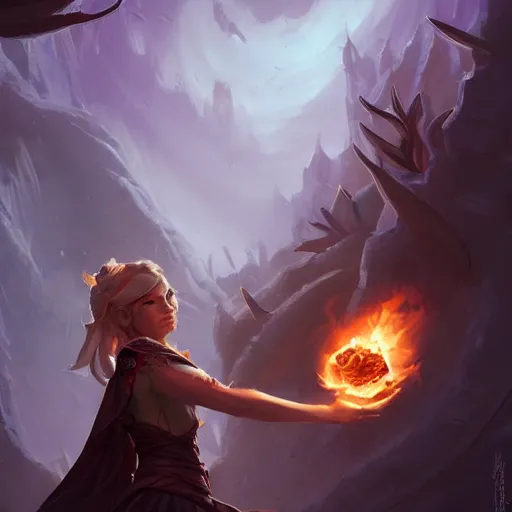 Image similar to The sorceress casting a fireball, colaboration of Hearthstone and Greg Rutkowski for Hearthstone