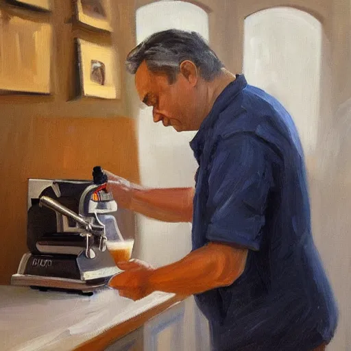 Image similar to viktor orban making specialty coffee, oil painting