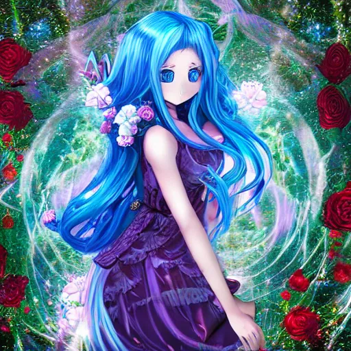 Image similar to 3 d anime magical goddess with long blue hair in a dress made of ivy and roses in a mythical forest, aurora borealis, roger magrini, leticia gillett, skeeva, nika maisuradze, billelis, christian behrendt, zigor samaniego, joannie leblanc