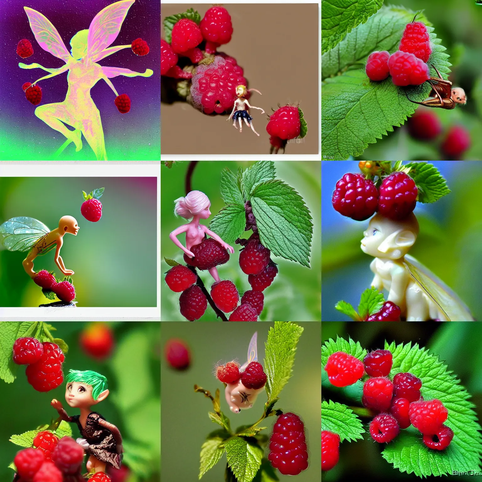 Prompt: a glowing pixie on a raspberry by brian fraud