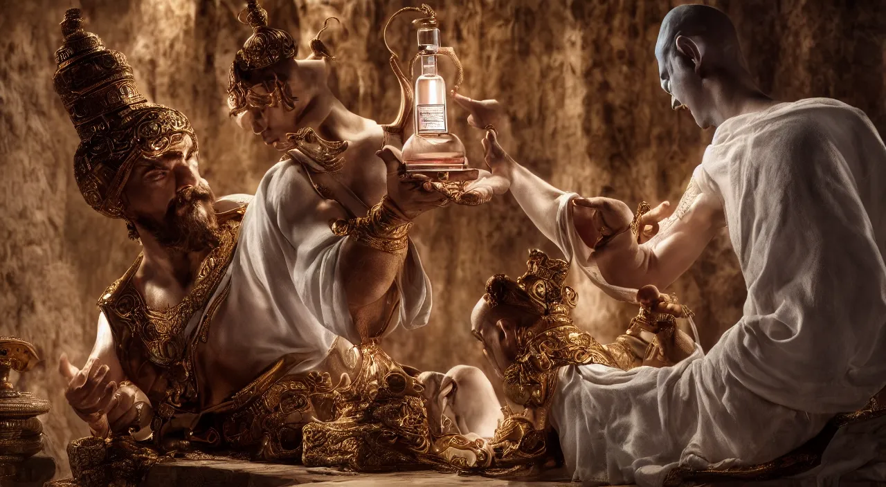 Prompt: The great genie in the bottle demonstrates his power to his new owner. Intricate details, photo realistic, award winning, dramatic lighting, award winning, depth of field, UHD 8K