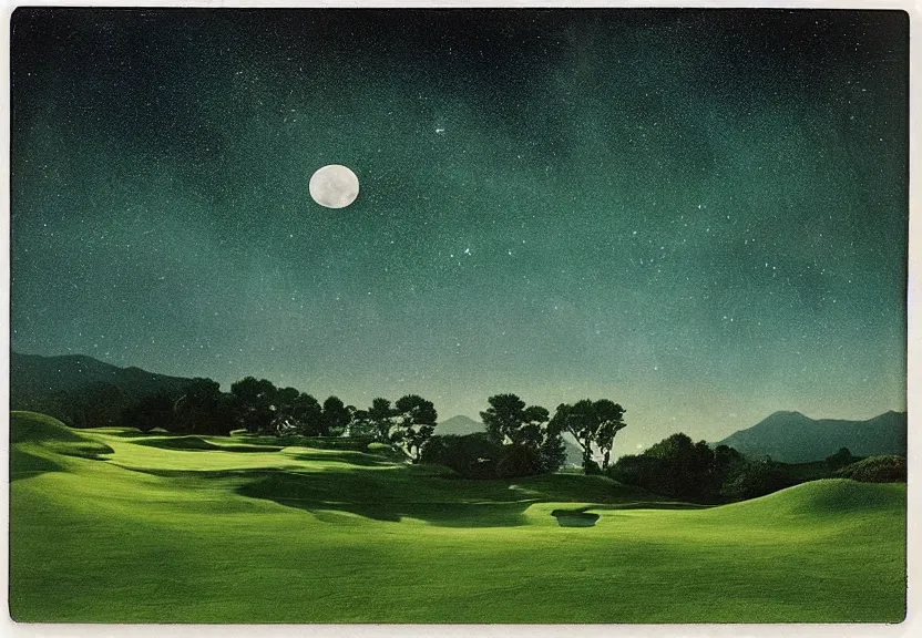 Prompt: eerie peaceful moonlight, a maze of low stone walls, birds eye view of a perfect elysian dreamlike green hilly pastoral astral psychedelic golf course landscape with stone walls under cosmic stars, cherished trees, memory trapped in eternal time, golden hour, dark sky, evening starlight, haunted vintage psychedelic painted polaroid by hiroshi yoshida