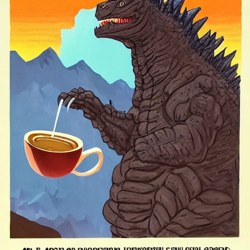 Prompt: a true-to-life portrait of Godzilla drinking a latte, photograph