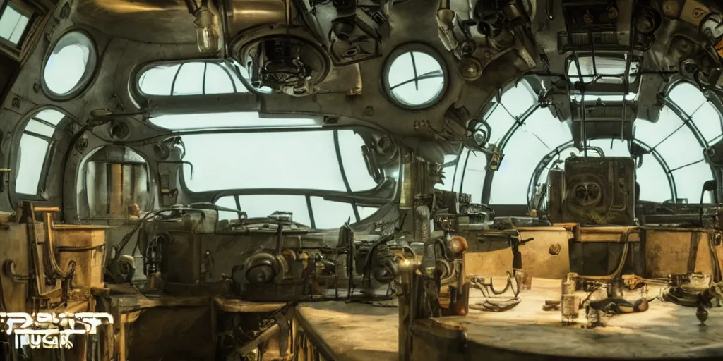 Image similar to photograph of a dieselpunk submarine interior set design, cinematic lighting, haze, arri alexa, anamorphic bokeh, 4 k, graded with davinci resolve