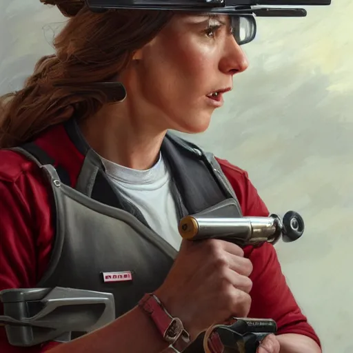 Prompt: epic portrait a slightly muscular woman wearing short sleeved uniform and carrying a red power tool drill, detailed, centered, digital painting, artstation, concept art, donato giancola, Joseph Christian Leyendecker, WLOP, Boris Vallejo, Breathtaking, 8k resolution, extremely detailed, beautiful, establishing shot, artistic, hyperrealistic, beautiful face, octane render