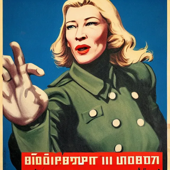 Image similar to soviet propaganda poster with cate blanchett calling on the world community to fight against Nazism, Ultra Detailed, high resolution, soviet realism