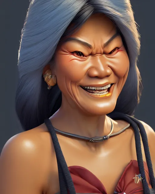 Image similar to grinning heavy filipina woman character portrait, by don bluth, sci - fi environment, highly detailed, dynamic shadows, 4 k, wallpaper - 1 0 2 4