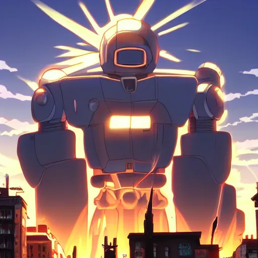 Image similar to the sun is exploding and a giant robot in Northend the italian neighborhood Boston, MA in anime style a epic masterpiece and highly detailed by Makoto Shinkai and Raphael Lacoste