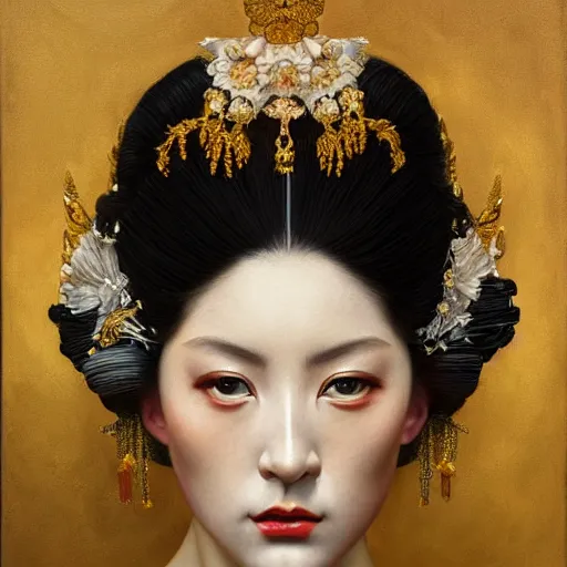 Image similar to highly detailed oil painting | very intricate | cinematic lighting | award - winning | portrait of geisha dressed by alexander mcqueen | by roberto ferri, by tom bagshaw, by j. c. leyendecker and klimt, american romanticism, by austin osman spare, artstation, cgsociety, official art, octane