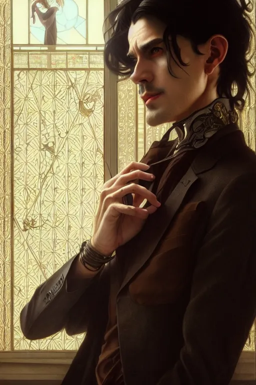 Image similar to ultra realistic, thin man in nice modern clothes, black hair, brown eyes, occult jewelry, fantasy, intricate details, eerie, highly detailed, octane render, 8 k, art by artgerm and alphonse mucha and greg rutkowski