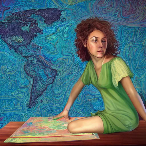 Image similar to a painting of a lady cartographer looking over a large paper map of psychedelic human consciousness. the map is resting on a wooden table. digital art painting featured on artstation