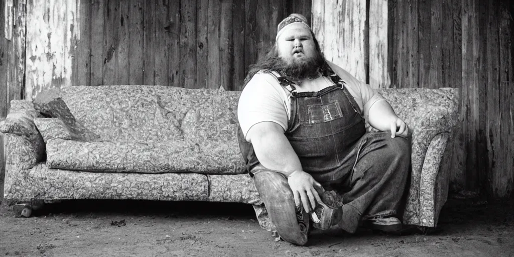 Prompt: extremely obese redneck white male with long beard, wearing dirty overalls, dirty greasy face, angry frown, reclining on a sofa, kodak gold 2 0 0, 5 0 mm