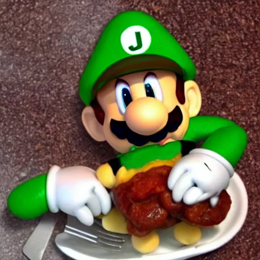 Image similar to Super Mario eating Luigi with a knife and fork on a toad mushroom