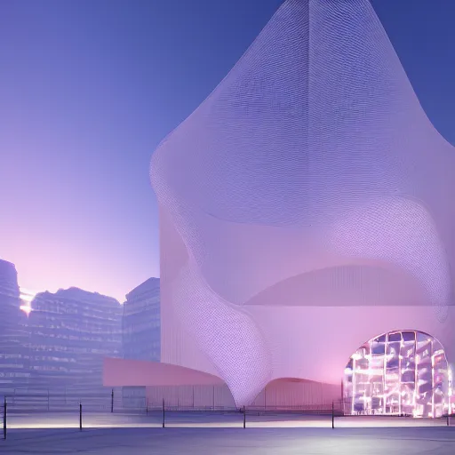 Image similar to parametric architecture, museum, concrete, facede fabric and mesh in faded pink, morning fog, blue hour, archviz, cgi, trending on artstation, corona renderer, unreal engine, ray tracing, 3 ds max, cinematic, city in the background