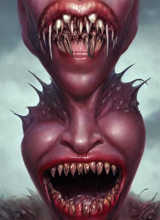 Prompt: a detailed face portrait of the queen of blades with vampire fangs and tongue sticking out, by dorian cleavenger, greg rutkowski, wlop, astri lohne, zdzisław beksinski trending on artstation