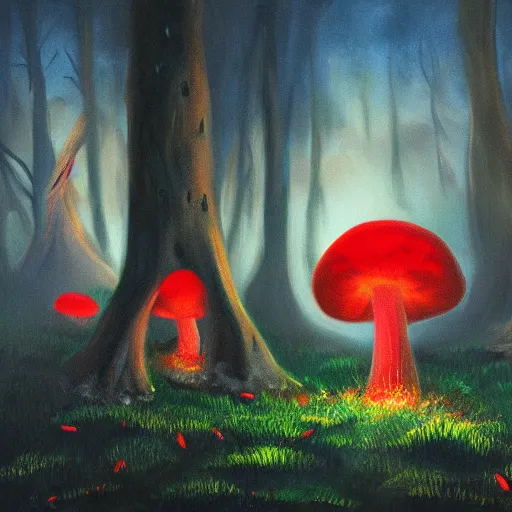 Prompt: glowing giant red mushrooms attacking a goblin in forest, oil painting, soft light, night time