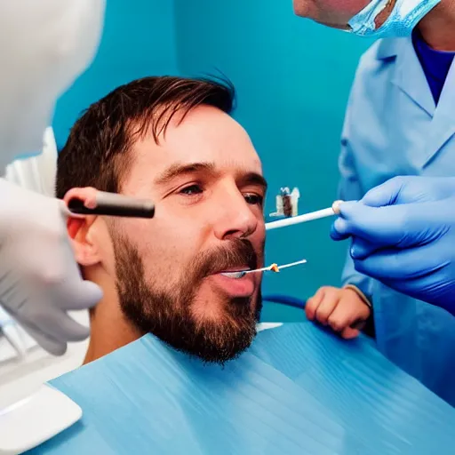 Prompt: The dentist is drilling a tooth in a patient's mouth while smoking a cigarette held by his assistant