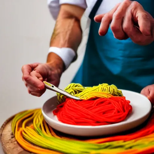 Image similar to italian chef cooking a plate of colorful yarn like spaghetti