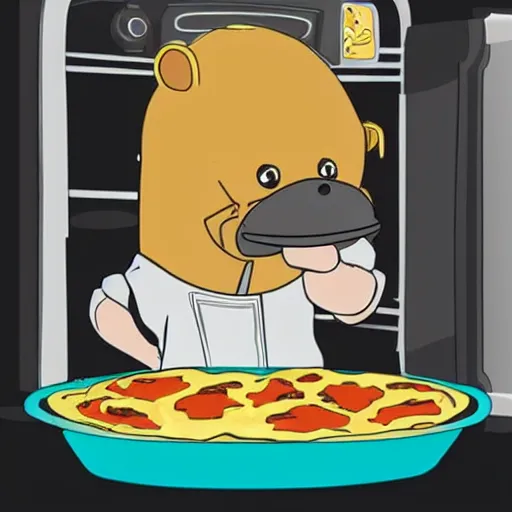 Image similar to anime cute platypus on a kitchen wearing a chef hat and holding a lasagna into an oven, anime style