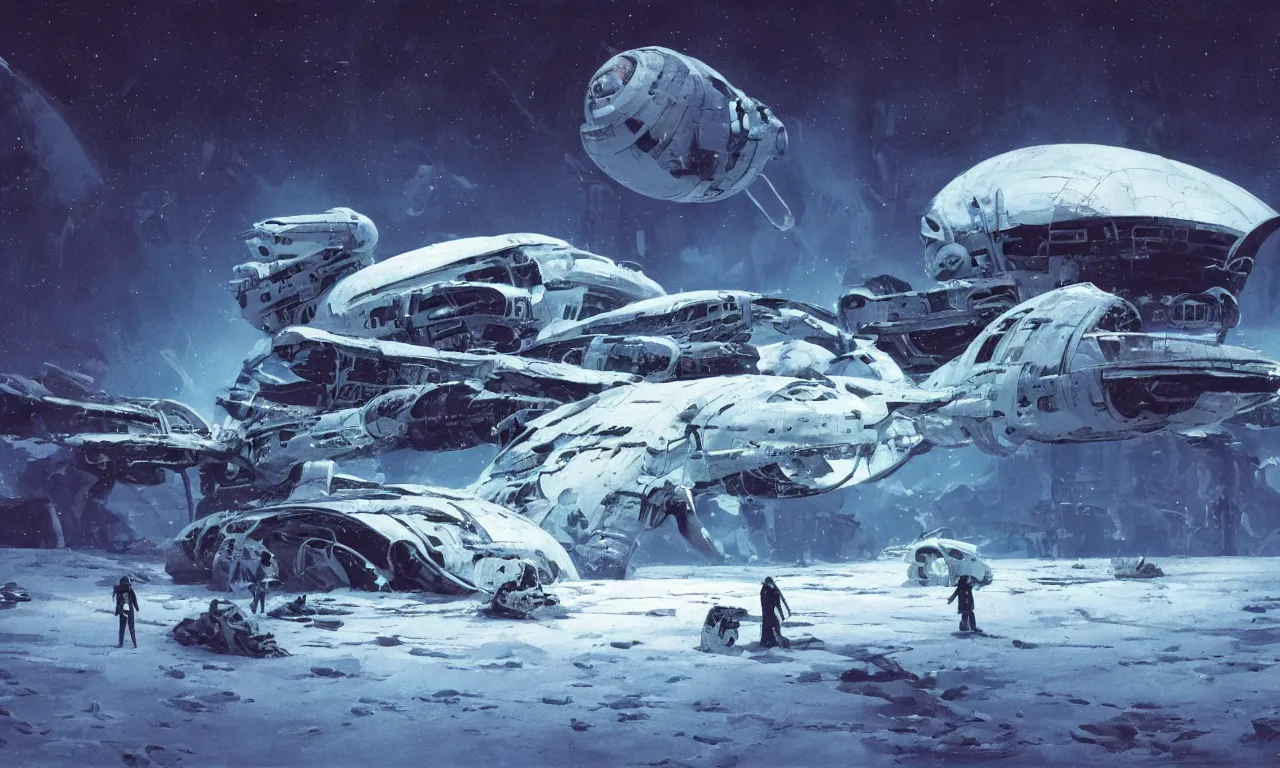 Image similar to remains of a derelict spaceship covered in snow on a frozen alien world, science-fiction, cinematic lighting, cinematic angle, Syd Mead, Federico Pelat, daylight, blue sky, spaceship in the sky