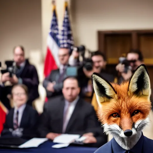 Image similar to a fox animal dressed in a suit giving a presidential press conference, 8 5 mm f / 1. 4