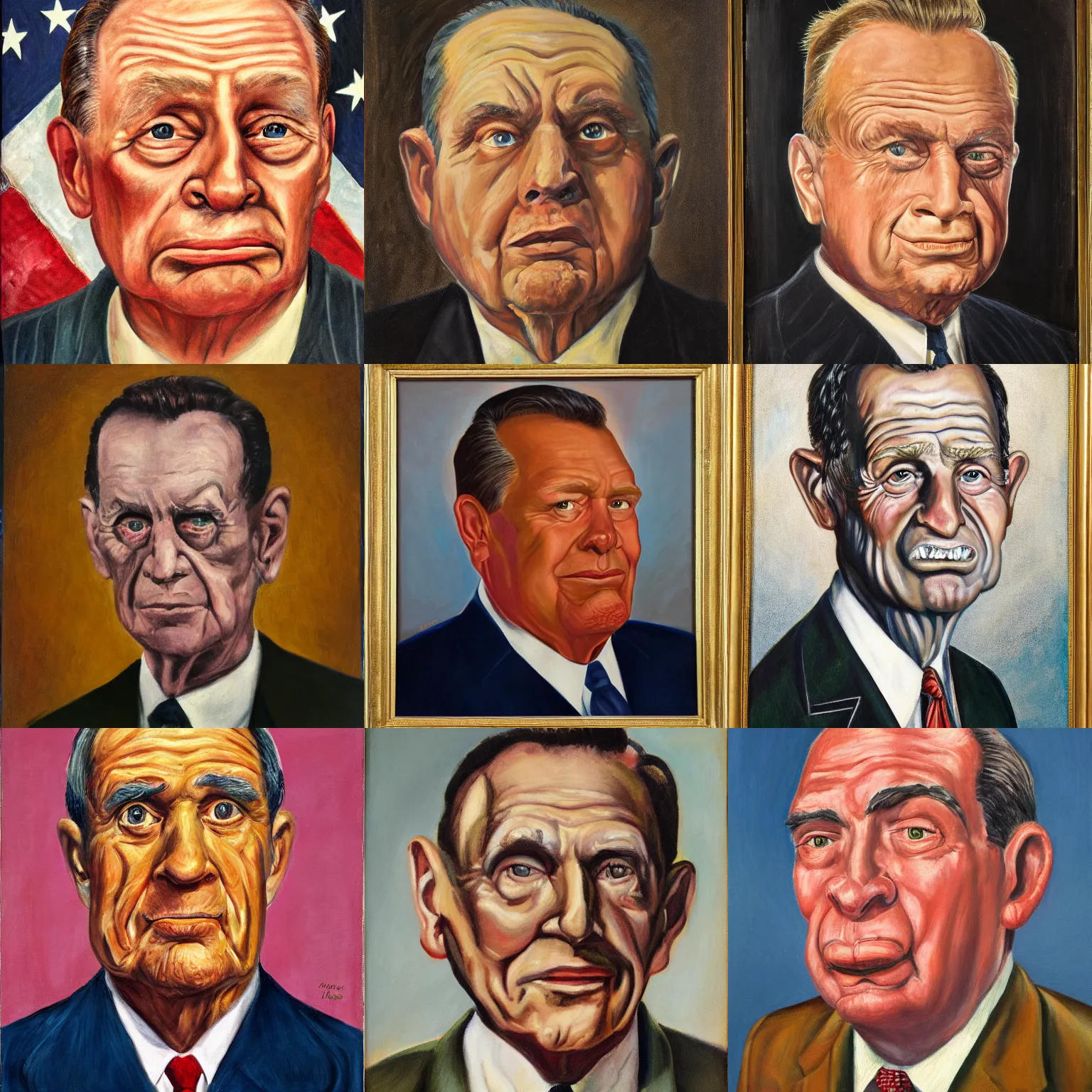 Prompt: official portrait of the United states president , 1954. He is an ugly man from Arkansas, Oil and alkyd on canvas by Nancy Fleming Harris, National Portrait Gallery, Smithsonian Institution;