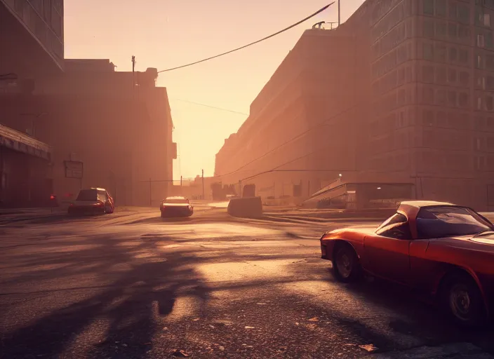 Image similar to gta in moscow, playstation 5 screenshot, mega details, golden hour, orange lights, fog, beautiful rtx reflections, brutalism buildings, photorealistic, unreal engine 5, octane render, volumetric light, cg society, 4 k, bokeh, lada car, artstation