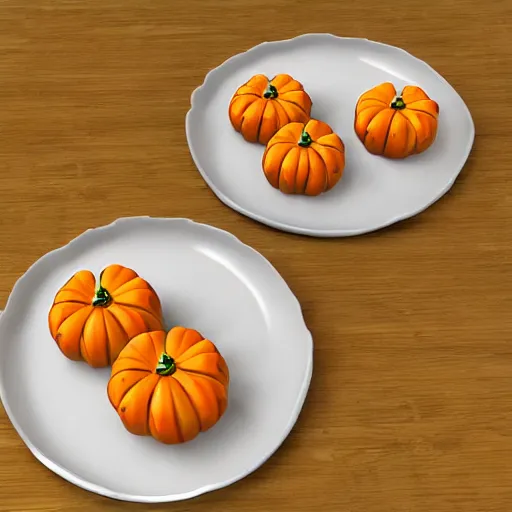 Image similar to 3 d cartoon style full view of a plate with 3 delicious 3 d pumpkin turnovers with glazing in the style of disney and pixar, c 4 d, farmville