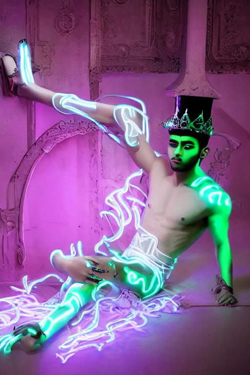 Image similar to full-body rococo and cyberpunk style neon statue of a muscular attractive Zayn Malik macho dotado e rico android sim roupa reclining con las piernas abertas e la piroca dura, glowing white lasers, glowing eyes, silver prince crown, silver steampunk gears, white diamonds, swirling mint-colored silk fabric. futuristic elements. ethereal white dripping tar. full-length view. space robots. human skulls. intricate artwork by caravaggio. Trending on artstation, octane render, cinematic lighting from the right, hyper realism, octane render, 8k, depth of field, 3D