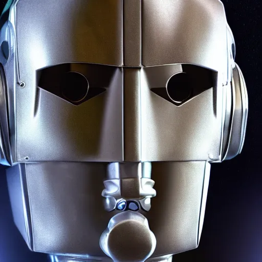 Image similar to close up realistic cyberman with half of his mask broken off showing david tennant, digital art cinematic lighting, render, fantasy