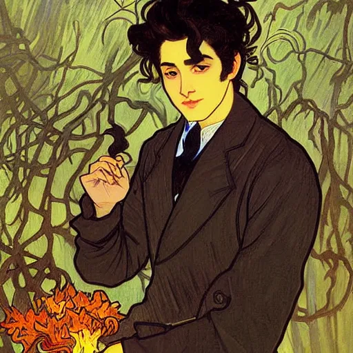 Image similar to painting of young cute handsome beautiful dark medium wavy hair man in his 2 0 s named shadow taehyung and cute handsome beautiful min - jun together at the halloween! party, bubbling cauldron!, candles!, smoke, autumn! colors, elegant, wearing suits!, clothes!, delicate facial features, art by alphonse mucha, vincent van gogh, egon schiele