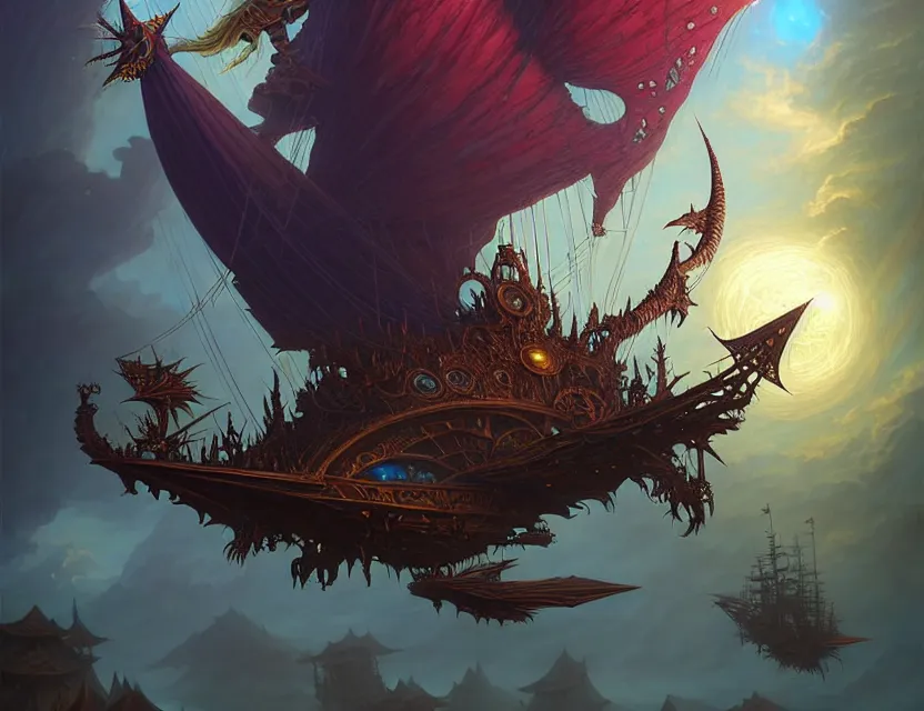 Image similar to the flying magical tana'ri galleon soars through the planes, amazing d & d planescape style art, trending on artstation, beautiful digital painting in the style of dan mumford, volumetric lighting, intricate details, ultra realistic, art by kev chan, fantasypunk, deep colors, cgsociety, by art germ, by gerald brom, by peter mohrbacher