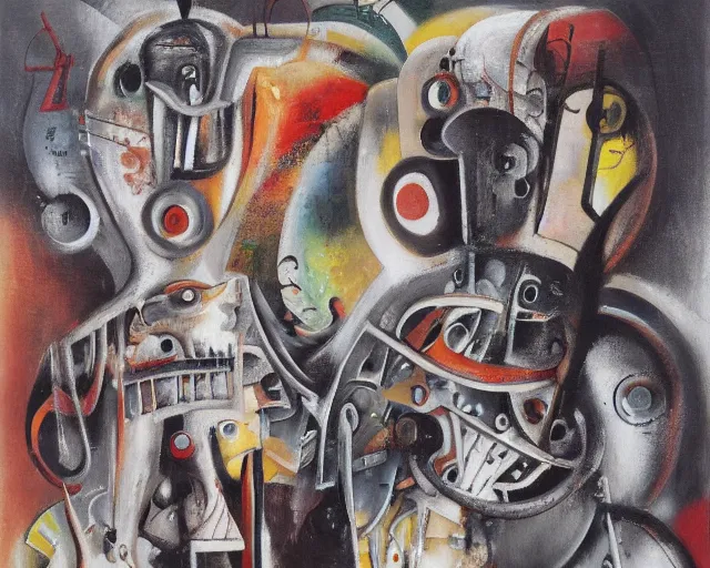 Image similar to Oil painting by Roberto Matta. Two mechanical gods with animal faces having a conversation. Oil painting by Yoshitomo Nara.