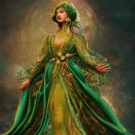 Image similar to a beautiful woman wearing a green kaftan made of silk with golden ornaments by Karol Bak, Ayami Kojima, Amano , concept art, character design, fantasy,3D, 8k resolution