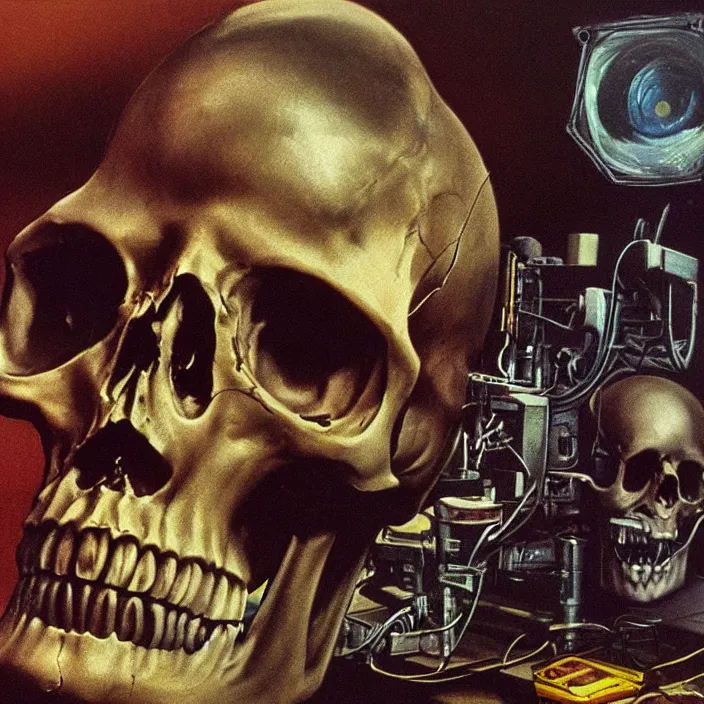 Image similar to pensive skull observing 8 0's era technology, vintage shapes, retro technology, vintage color, wayne barlow, oil on canvas, deep depth of field, masterpiece, cinematic composition, hyperdetailed