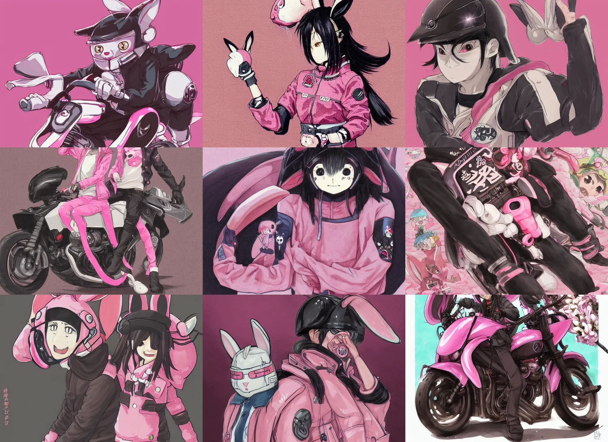 Prompt: official artwork of a half human yokai, motorcycle, helmet, anime pink rabbit guy with black hair wearing a letterman jacket, by Krenz Cushart, detailed art, pink iconic character, 獣, yokai, wallpaper, bunny, large ears, けもの, male character, aesthetic, helmet, ghost, beast, motorbiker, rabbit, rabbit shaped helmet, cybernetic, cyberpunk