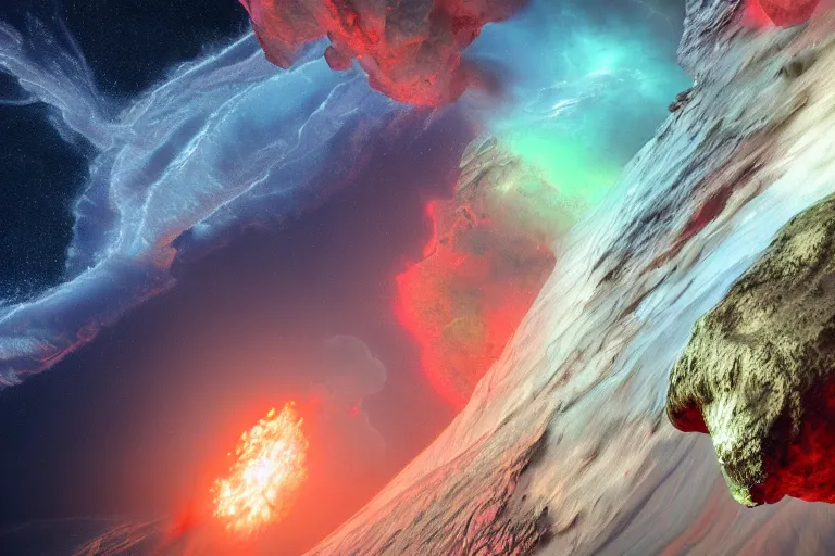 Image similar to dramatic render of a lush volcanic island flying through a space nebula, cgsociety, artstation, 4k