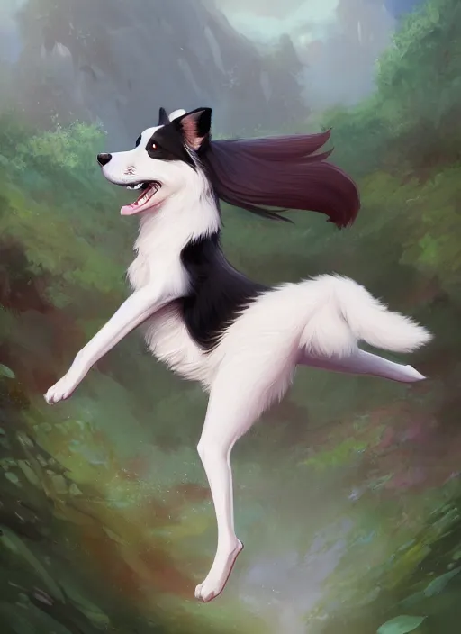 Prompt: wide angle beautiful full body portrait of a cute male anthropomorphic anthro border collie fursona wearing clothes and falling from the sky, character design by charlie bowater, henry asencio, and ross tran, disney, scenic background, detailed, aesthetic, trending on artstation, furaffinity, deviantart