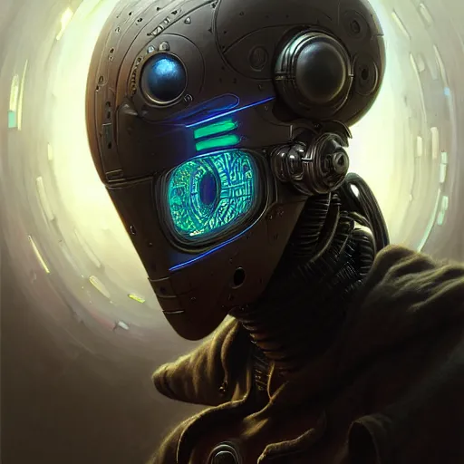 Image similar to low angle portrait shot of a cyberpunk gazmask robot character, intricate, elegant, highly detailed, centered, digital painting, artstation, concept art, smooth, sharp focus, illustration, artgerm, Tomasz Alen Kopera, Peter Mohrbacher, donato giancola, Joseph Christian Leyendecker, WLOP, Boris Vallejo